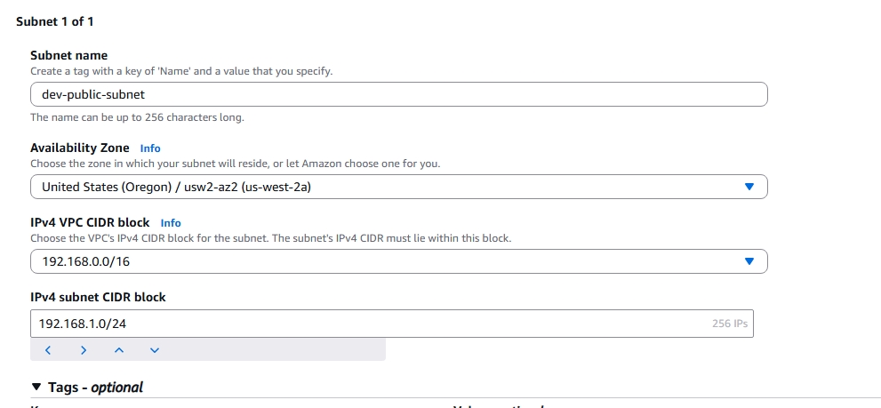 Subnet create screenshot
