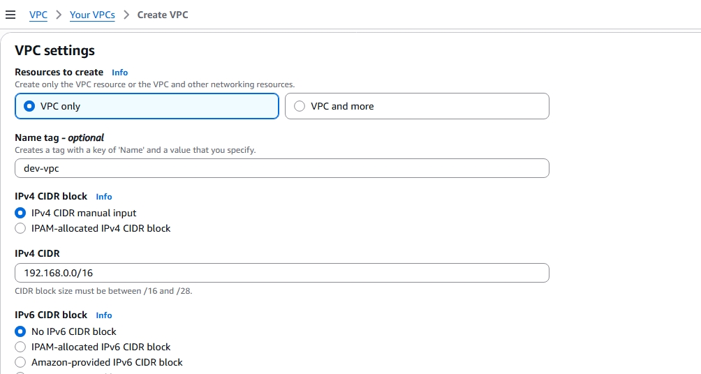DEV VPC CREATE